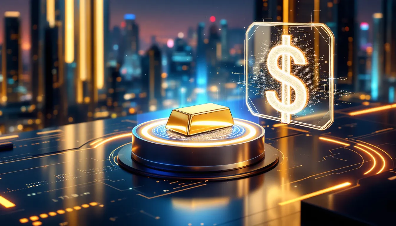 An illustration depicting the concept of a digital dollar alongside physical cash and gold.