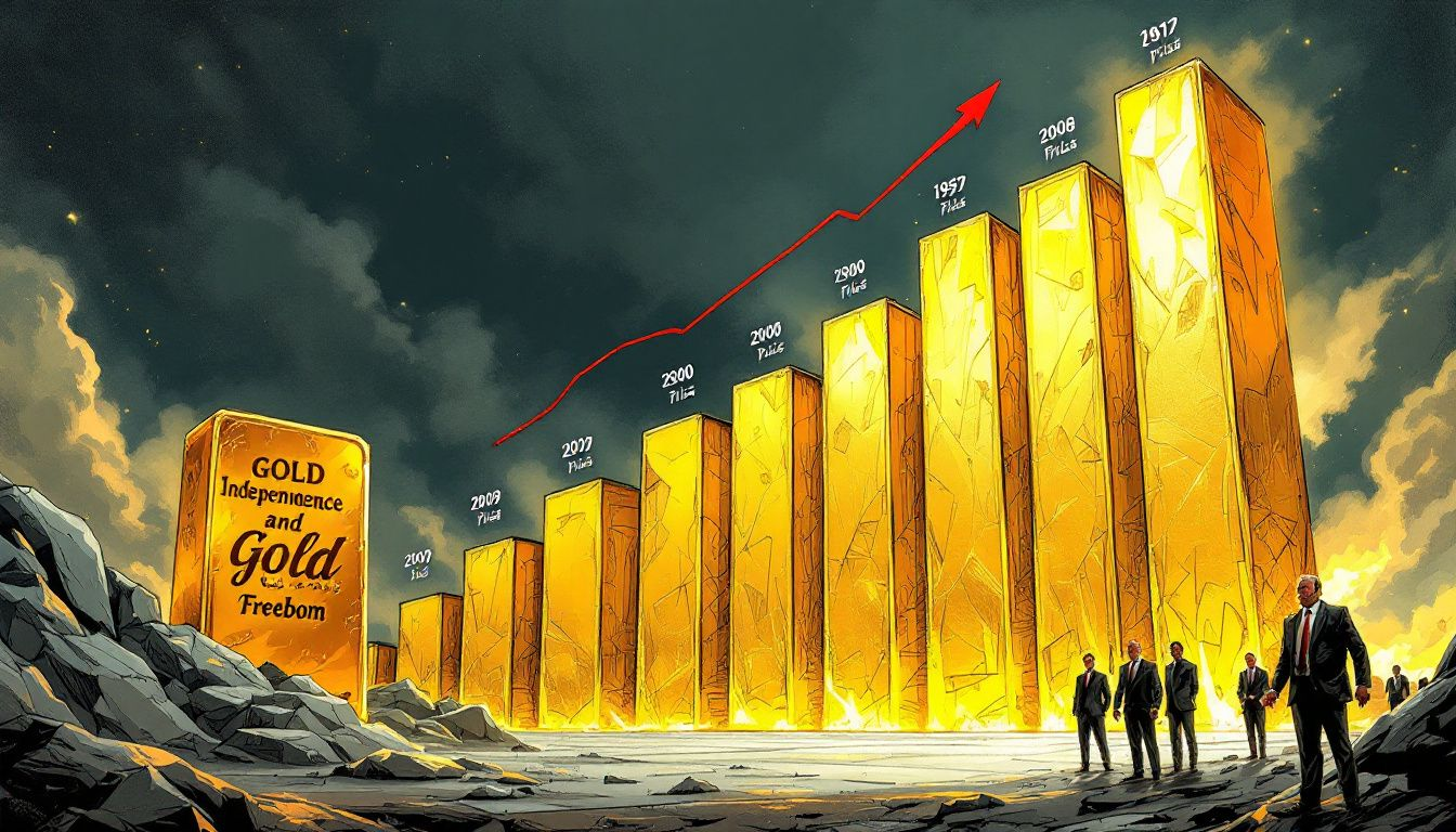 Historical performance of gold prices is represented by a bar chart illustrating record highs during various economic crises.